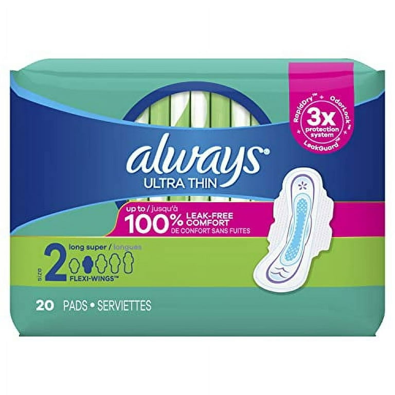 Always Ultra Thin Daytime Long Super Pads with Wings Size 2, Unscented, 20  Count, 6 Pack
