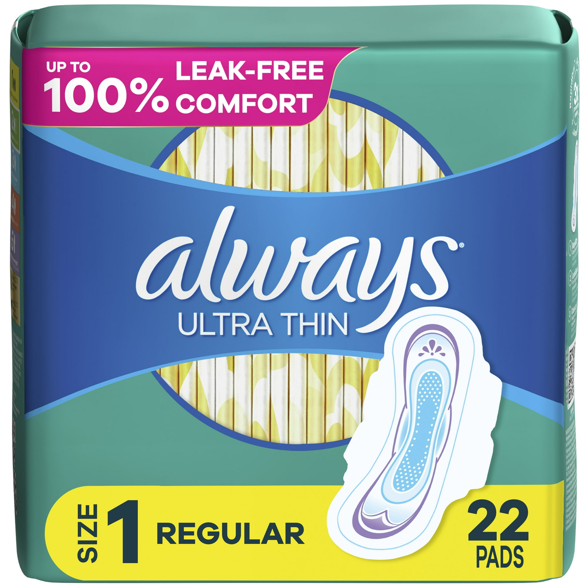Always Ultra Thin Daytime Pads with Wings, Size 1, Regular, Unscented, 22 Ct