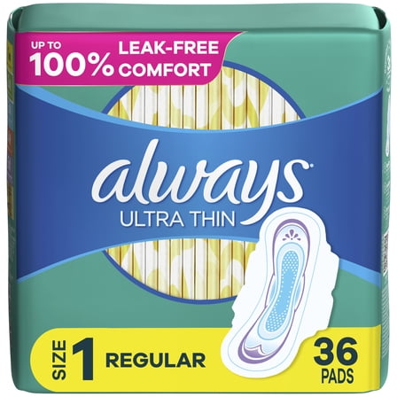 Always Ultra Thin Daytime Pads with Wings, Size 1, Regular, Unscented, 36 Count