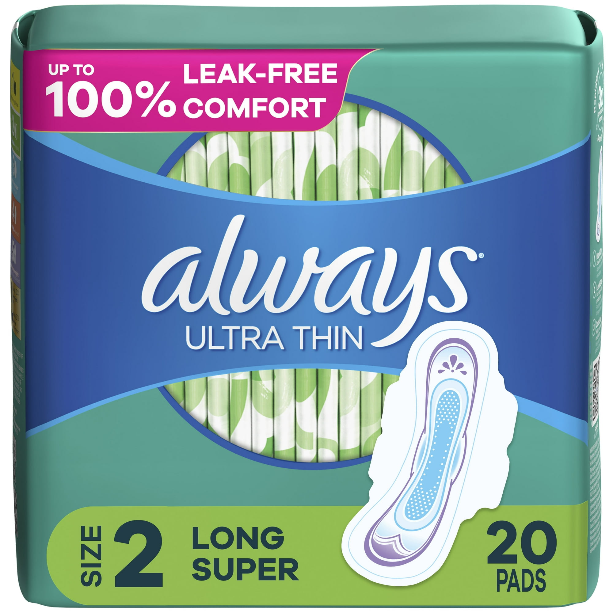 Always Ultra Thin Daytime Pads with Wings, Size 2, Long Super, Unscented, 20 Ct