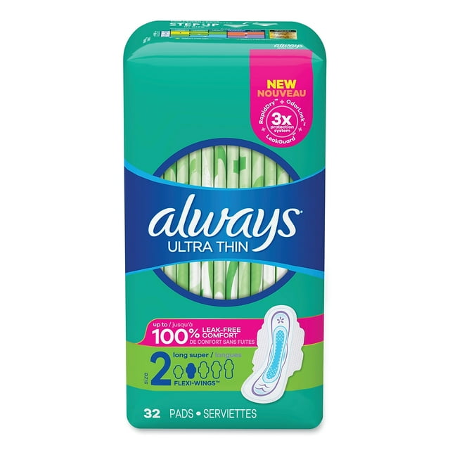 Always Ultra Thin Daytime Pads with Wings, Size 2, Long Super, Unscented, 32 CT