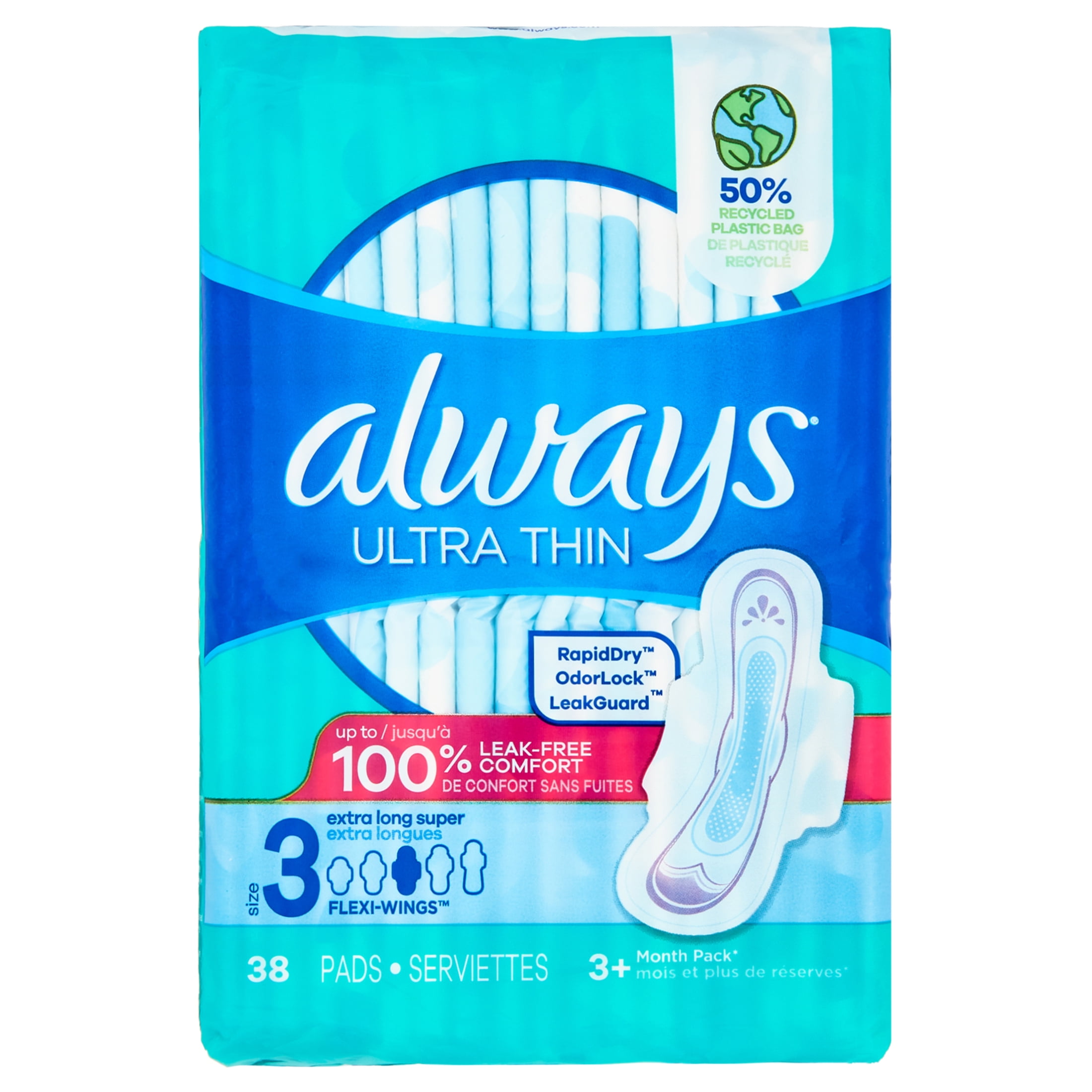 Always Ultra Thin Daytime Pads with Wings, Size 3, Extra Long Super, 38 Ct  