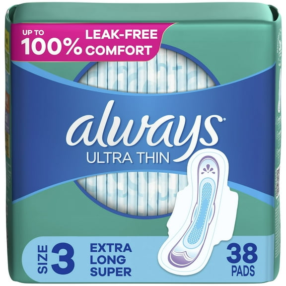 Always Ultra Thin Daytime Pads with Wings, Size 3, Unscented, (2 pack of 38ct)