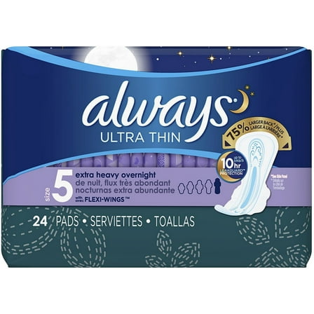 Always Ultra Thin Extra Heavy Overnight Pads with Flexi-Wings, Size 5