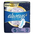 thumbnail image 1 of Always Ultra Thin Extra Heavy Overnight Pads with Wings, Size 5, Extra Heavy Overnight, Unscented, 72 Ct, 1 of 10