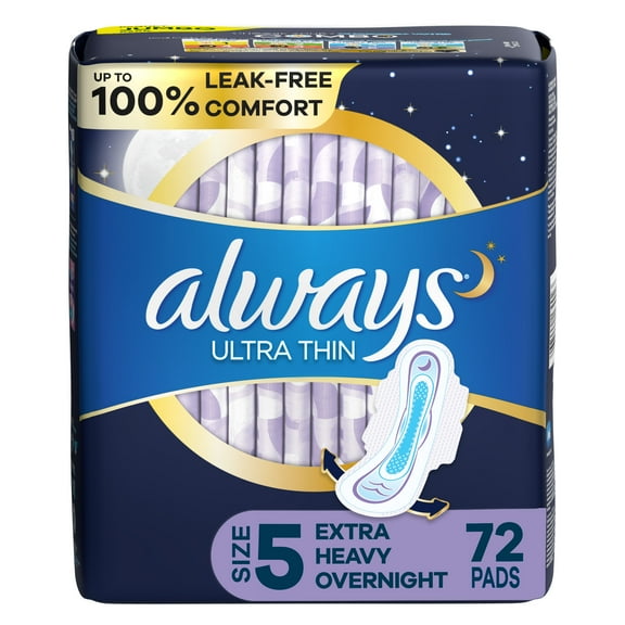 Always Ultra Thin Extra Heavy Overnight Pads with Wings, Size 5, Extra Heavy Overnight, Unscented, 72 Ct