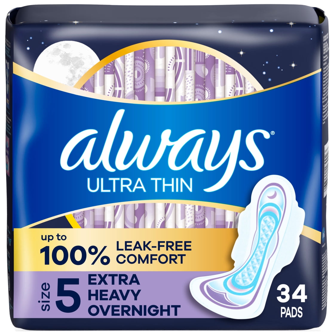 Always Ultra Thin Overnight Pads with Wings, Size 5, Extra Heavy Overnight, 34 Count
