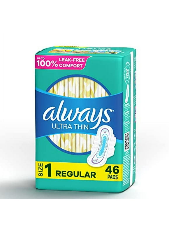 Always Ultra Thin, Feminine Pads For Women, Size 1 Regular Absorbency, With Wings, Unscented, 46 Count