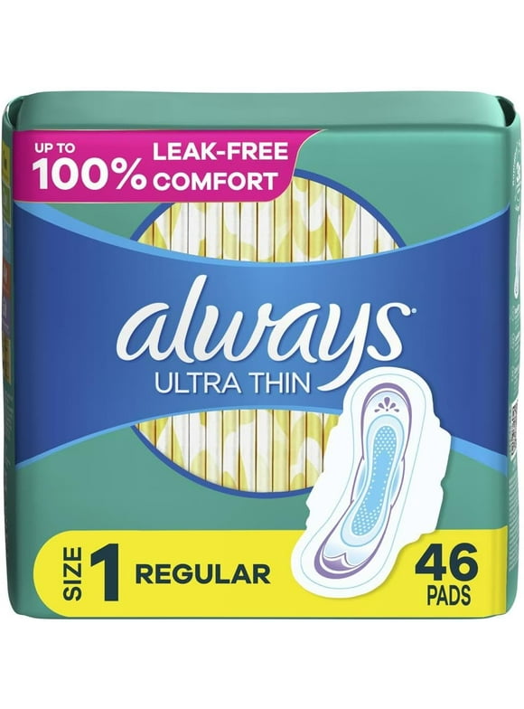 Always Ultra Thin, Feminine Pads For Women, Size 1 Regular Absorbency, With Wings, Unscented, 46 Count