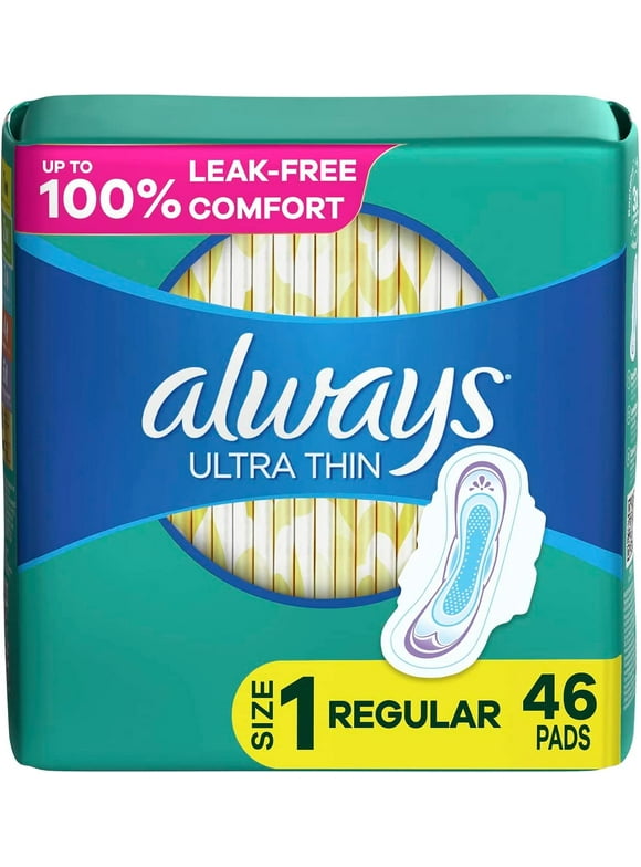 Always Ultra Thin, Feminine Pads For Women, Size 1 Regular Absorbency, With Wings, Unscented, 46 Count