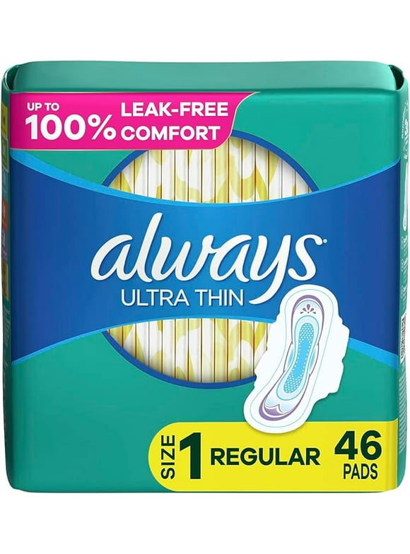 Always Ultra Thin, Feminine Pads For Women, Size 1 Regular Absorbency, With Wings, Unscented, 46 Count