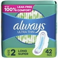 thumbnail image 1 of Always Ultra Thin, Feminine Pads For Women, Size 2 Long Super Absorbency, With Wings, Unscented, 42 Count, 1 of 3