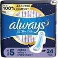 thumbnail image 1 of Always Ultra Thin Feminine Pads For Women, Size 5 Extra Heavy Overnight Absorbency, With Wings, Unscented, 24 Count, 1 of 1