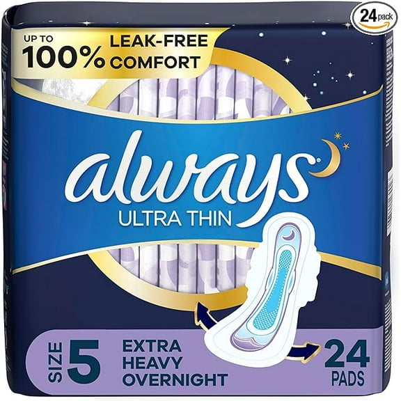 Always Ultra Thin Feminine Pads For Women, Size 5 Extra Heavy Overnight Absorbency, With Wings, Unscented, 24 Count