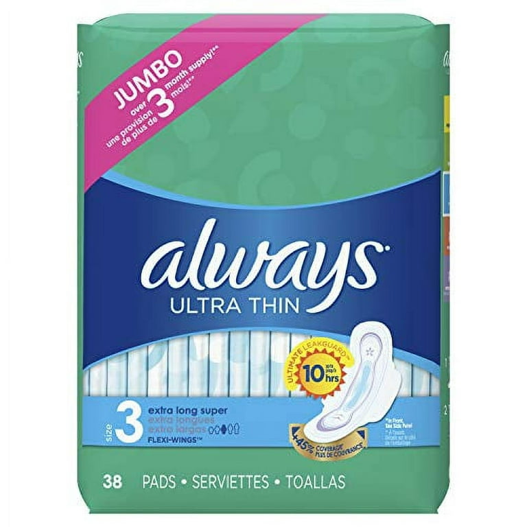 Always Ultra Thin Feminine Pads for Women, Size 3, Extra Long, Super  Absorbency, with Wings, Unscented, 38 count- Pack of 3 (114 Count Total)  (Package