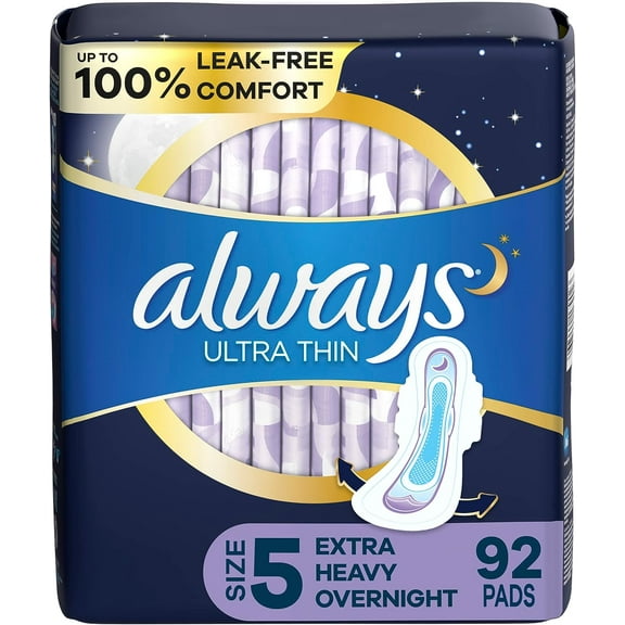 Always Ultra Thin Feminine Pads for Women, Size 5, Extra Heavy, Overnight Absorbency with Wings, 46 Count x 2 (92 Count Total) SHO11