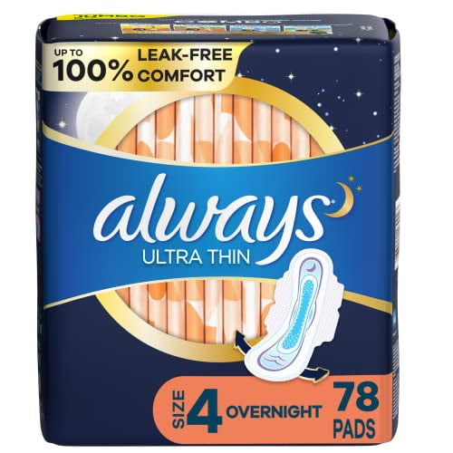 Always Ultra Thin Feminine Pads with Wings for Women, Size 4, 78 Count, Overnight Absorbency, Unscented, (26 count, Pack of 3 - 78 Count Total)