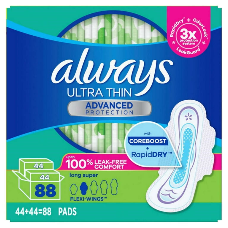 Always Ultra Thin Long Super Pads with Flexi-Wings 88 ct Pack 
