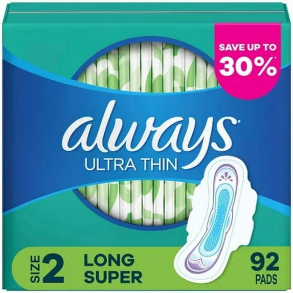 Always Ultra Thin Long Super Pads with Flexi-Wings, Unscented - Size 2, 92 Ct.