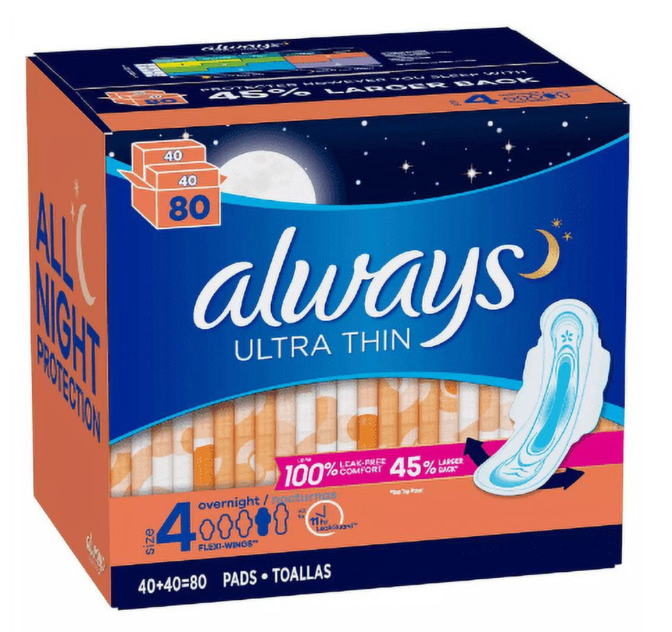 Always Ultra Thin Overnight Pads, Unscented - Size 4 (80 ct