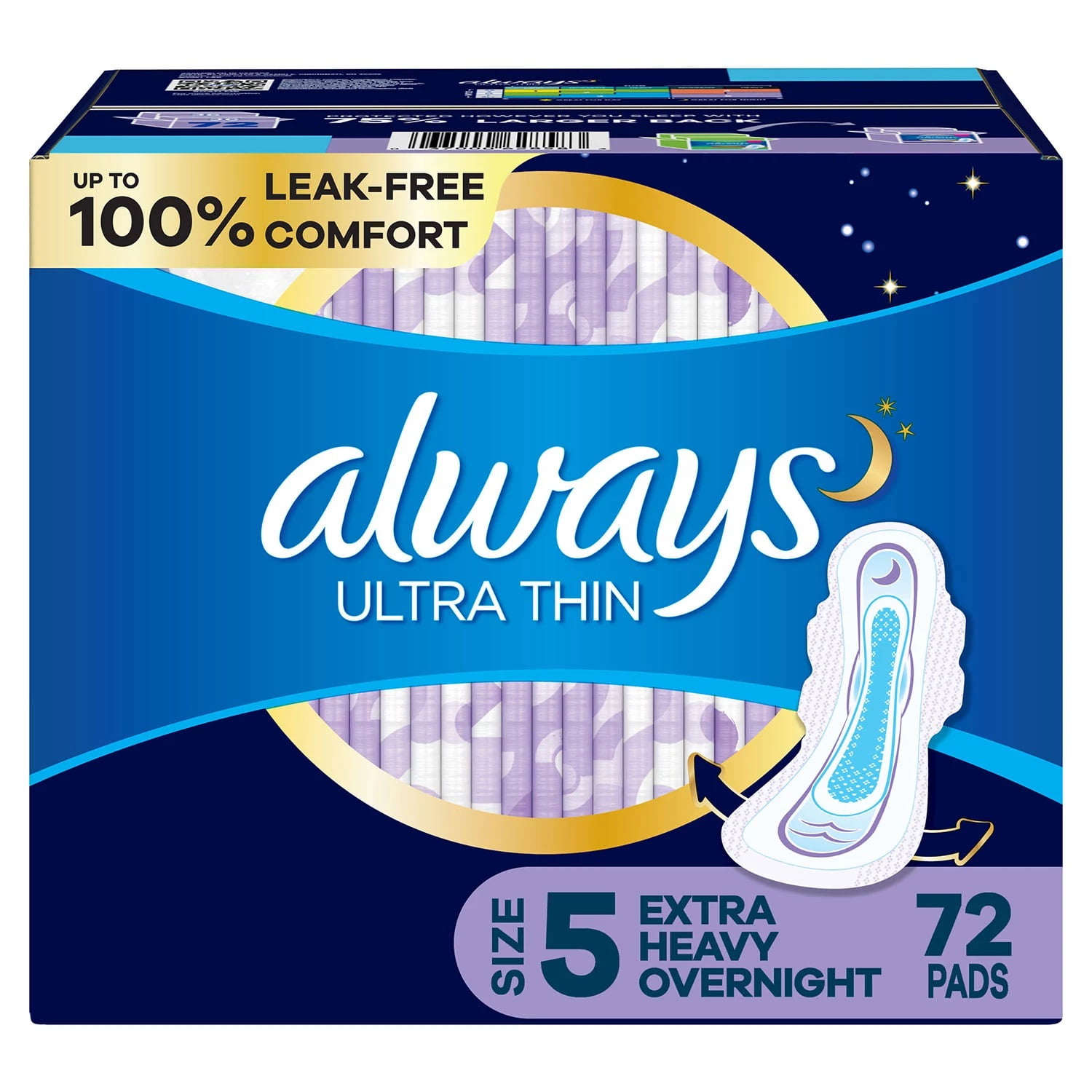 Always Ultra Thin Overnight Pads, Unscented - Size 5 (72 ct