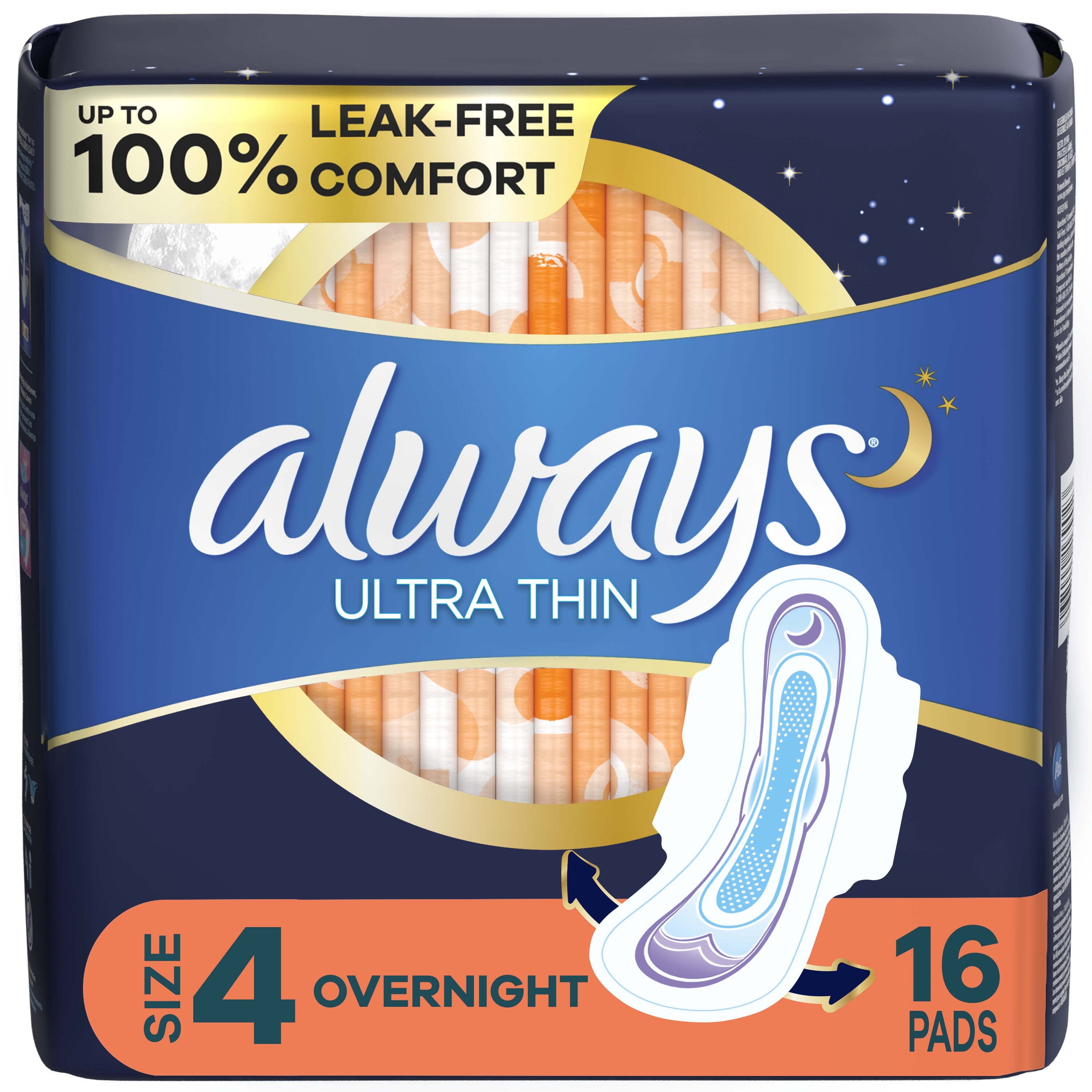 Always Ultra Thin Overnight Pads with Flexi-Wings, Size 4, Overnight, Unscented, 16 Count