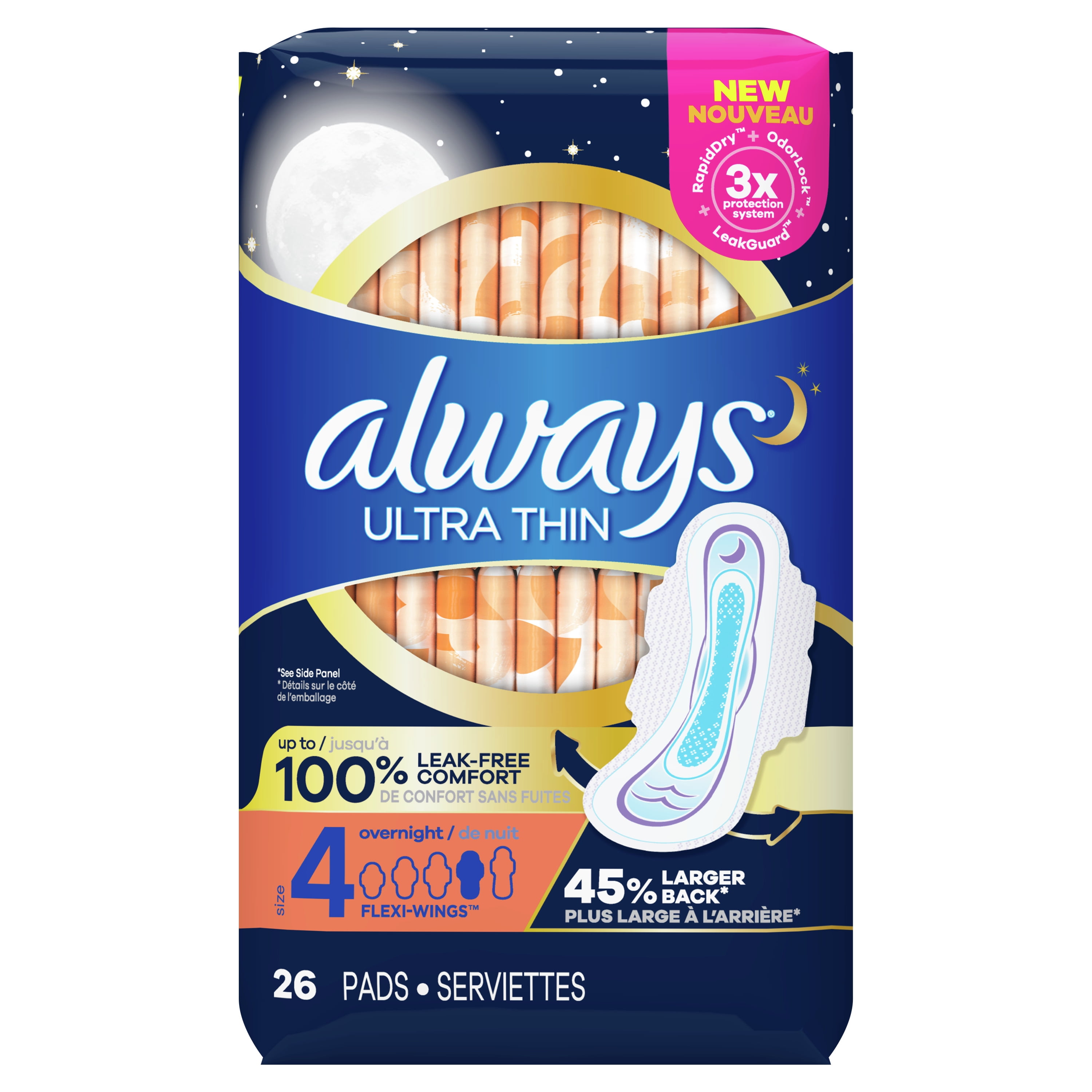 Always Ultra Thin Overnight Pads with Wings, Size 4, Overnight, 26 Ct 