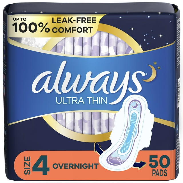 Always Ultra Thin Overnight Pads with Wings, Size 4, Overnight, 50 CT