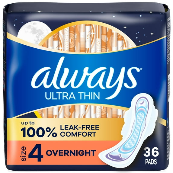 Always Ultra Thin Overnight Pads with Wings, Size 4, Overnight Absorbency, 36 Count