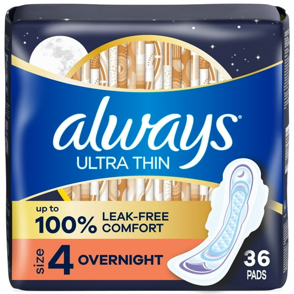 Always Ultra Thin Overnight Pads with Wings, Size 4, Overnight Absorbency, 36 Count