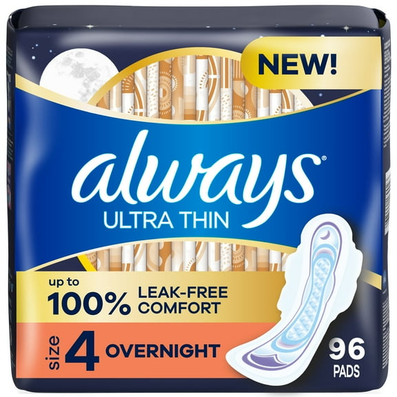 Always Ultra Thin Overnight Pads, Size 4, Overnight, Unscented, 96 Count