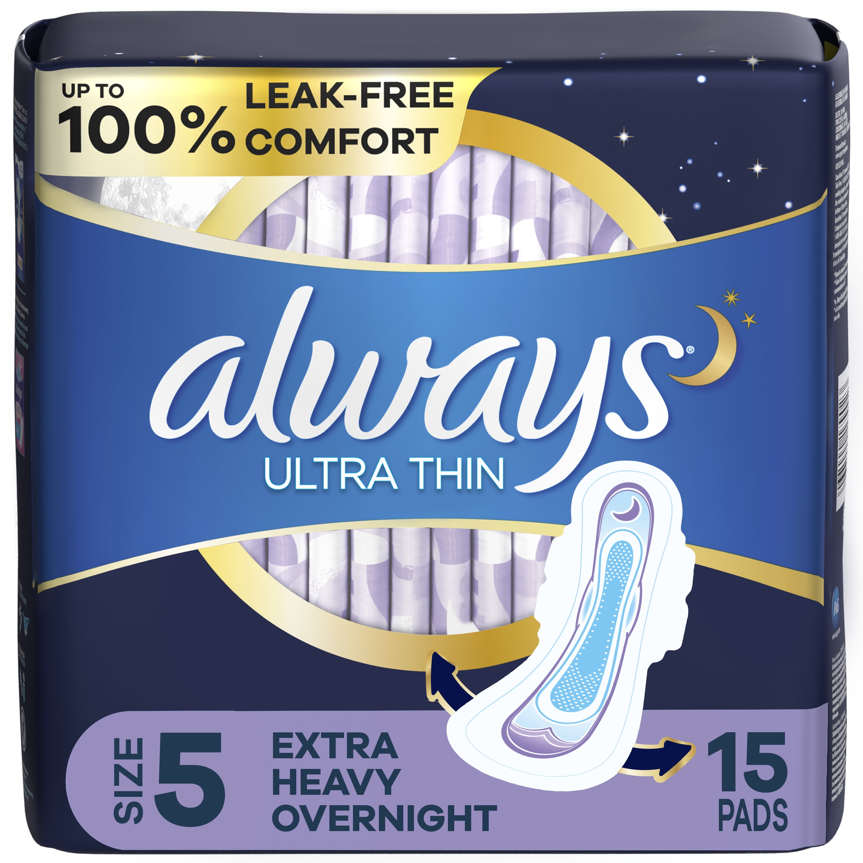 Always Ultra Thin Overnight Pads with Wings, Size 5, Extra Heavy Overnight  Absorbency, 46 CT 