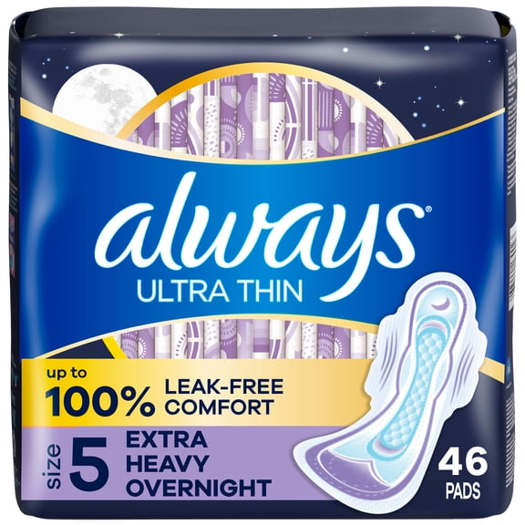 Always Ultra Thin Pads for Women, Extra Heavy Overnight Pad with Wings, Size 5, 46 Count