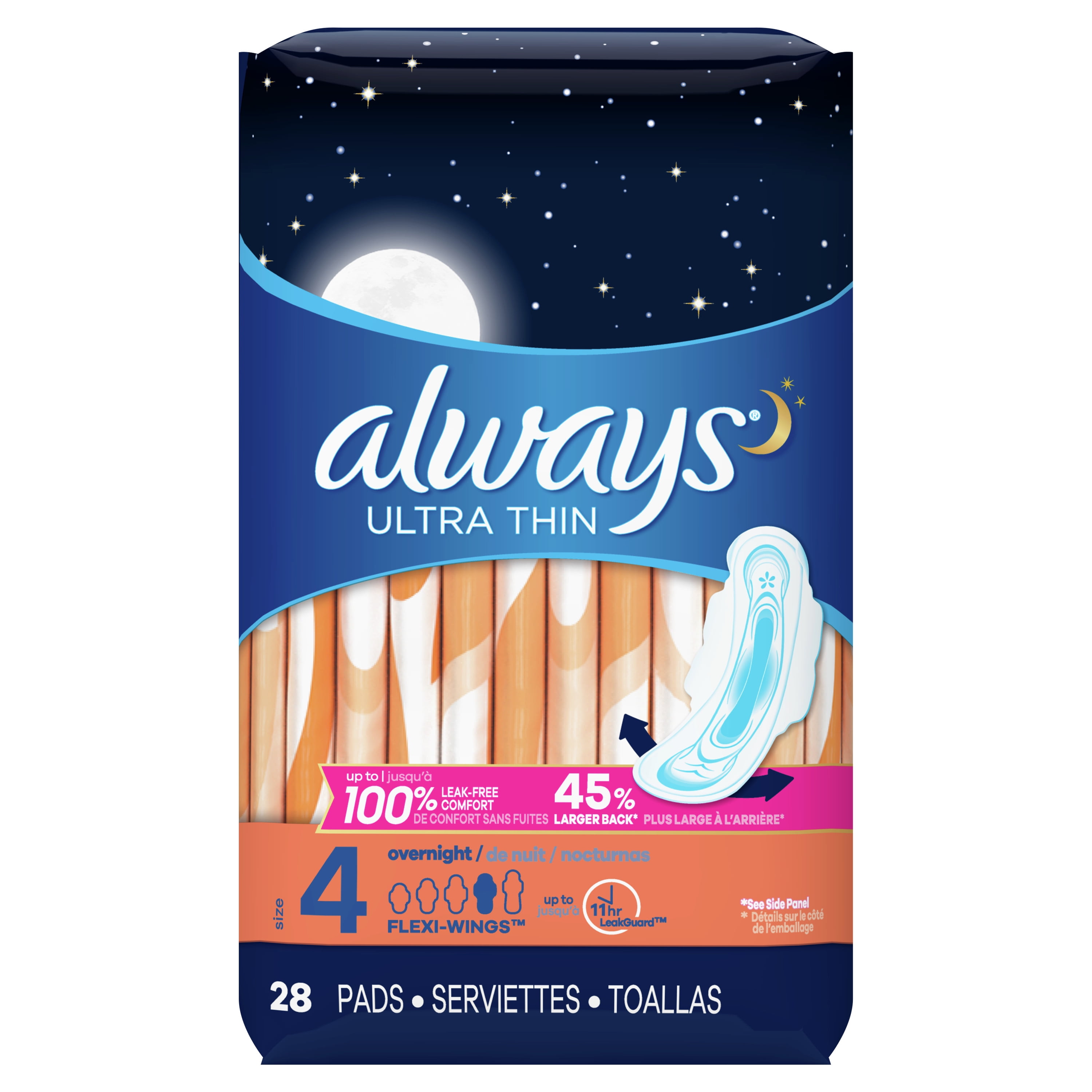 Always Ultra Thin Overnight Pads with Wings, Unscented, Size 4, 26 ct