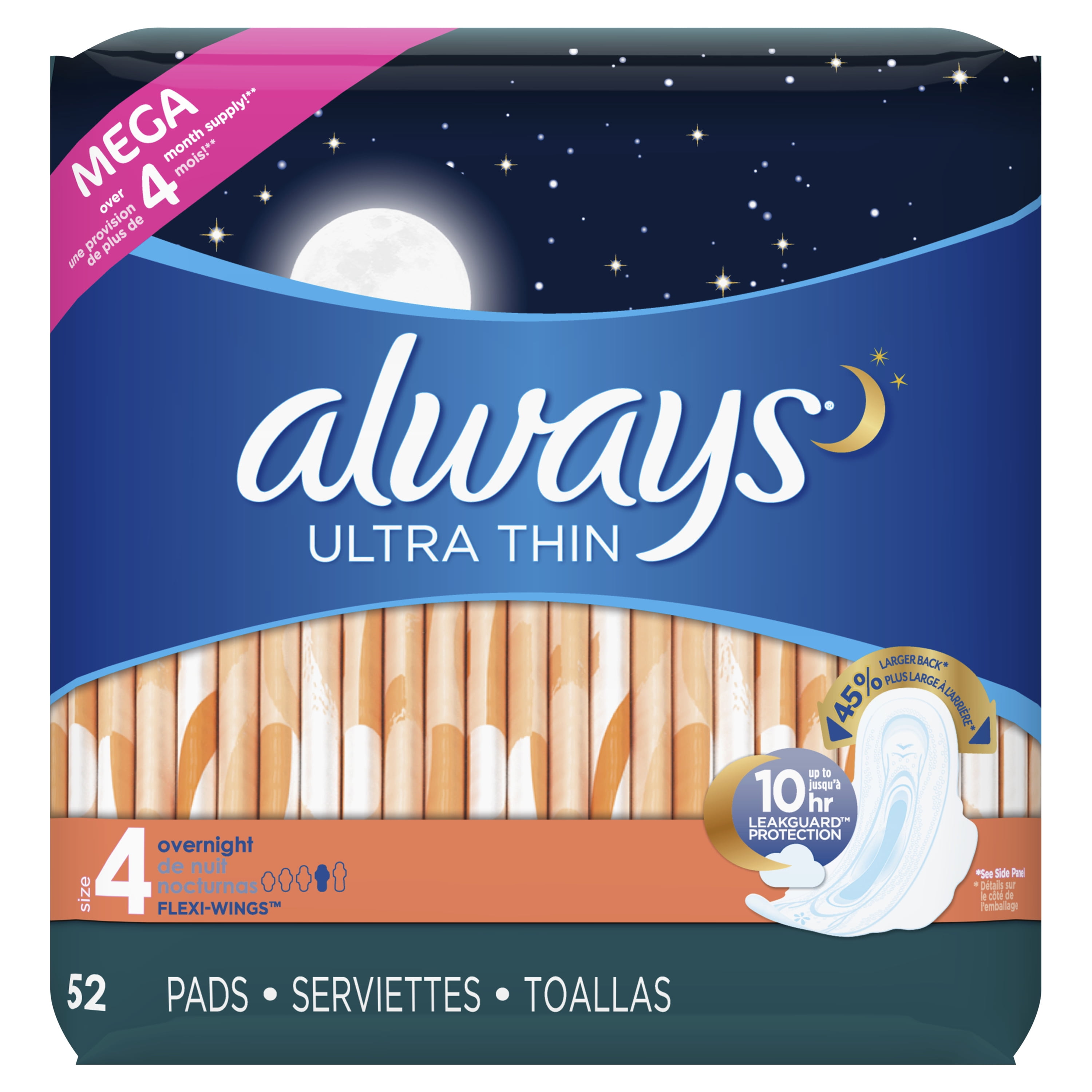 Always Ultra Thin Overnight Pads with Wings Unscented, Size 4, 52 Ct 