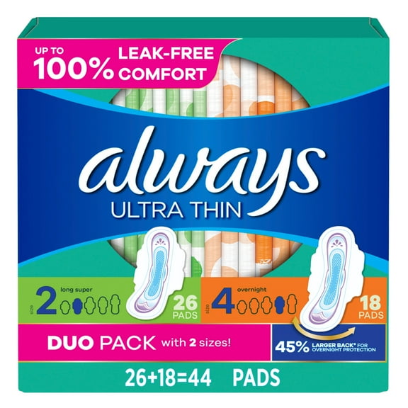 Always Ultra Thin Pads Duo Pack, Size 2 Long Super and 4 Overnight, 44 CT