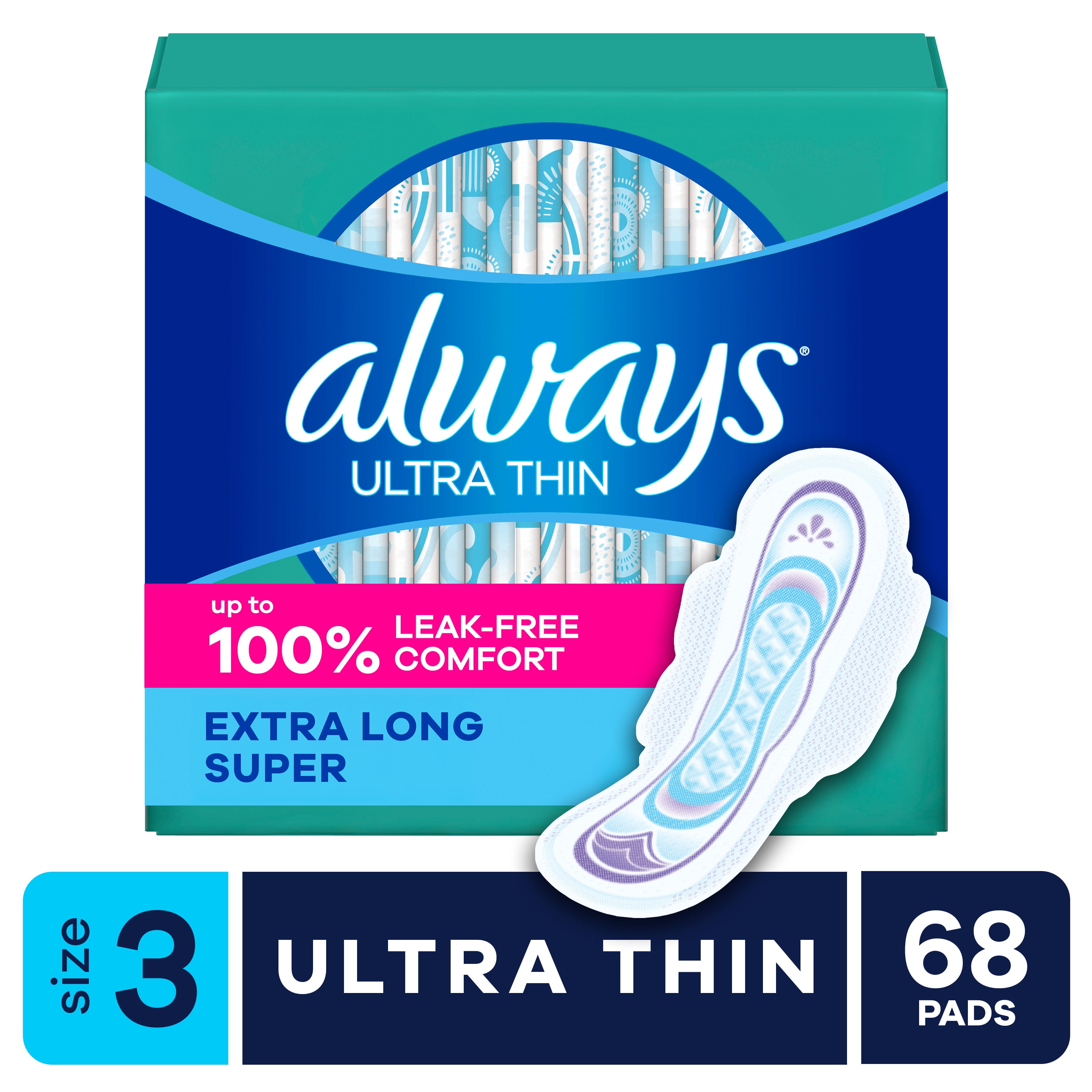 Always Ultra Thin Pads with Wings, Size 3, Extra Long Super, 68 Count