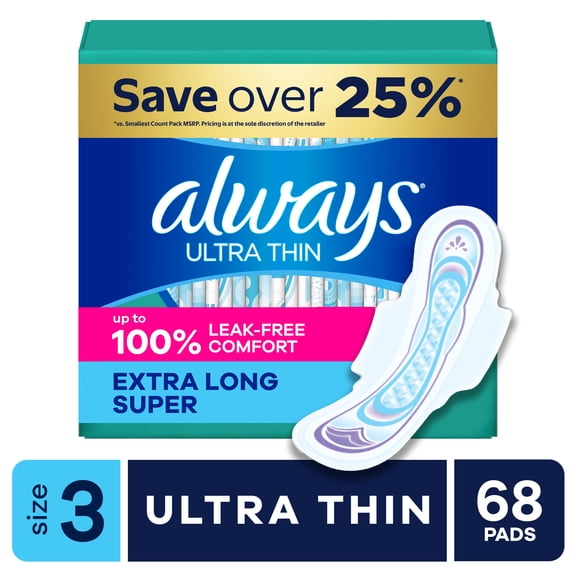 Always Ultra Thin Pads with Wings, Size 3, Extra Long Super, 68 Count