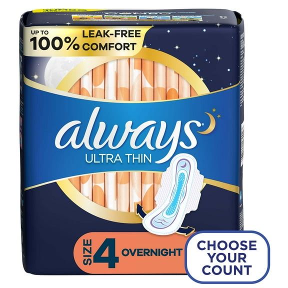 Always Ultra Thin Pads Overnight Absorbency Unscented with Wings; Size 4 50 Count