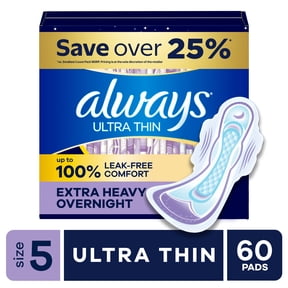 Always Ultra Thin Pads with Wings, Size 5, Extra Heavy Overnight Absorbency, 60 Count