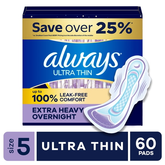 Always Ultra Thin Pads with Wings, Size 5, Extra Heavy Overnight Absorbency, 60 Count