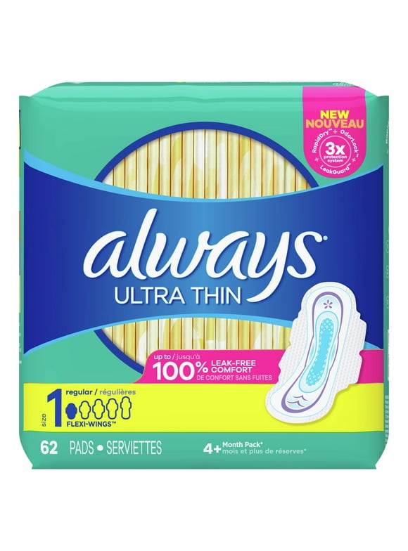 Always Ultra Thin Pads Regular Absorbency with Wings, Unscented, Size 1, 62 ct