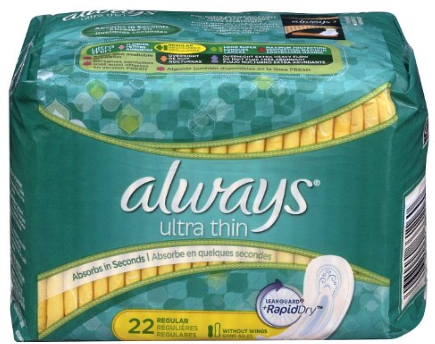 Always Ultra Thin Pads Regular, Unscented 22 ea (Pack of 3)