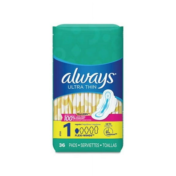 Always Ultra Thin Pads Size 1 Regular Absorbency Unscented with Wings, 36 Count