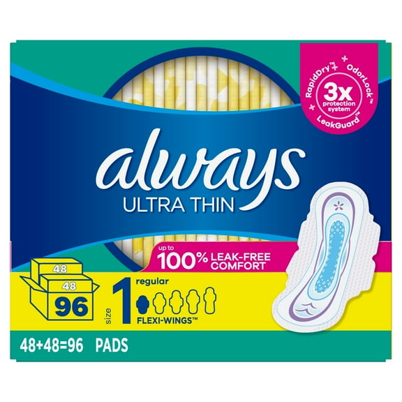 Always Ultra Thin Pads Size 1 Regular Absorbency Unscented with Wings, 96 Count