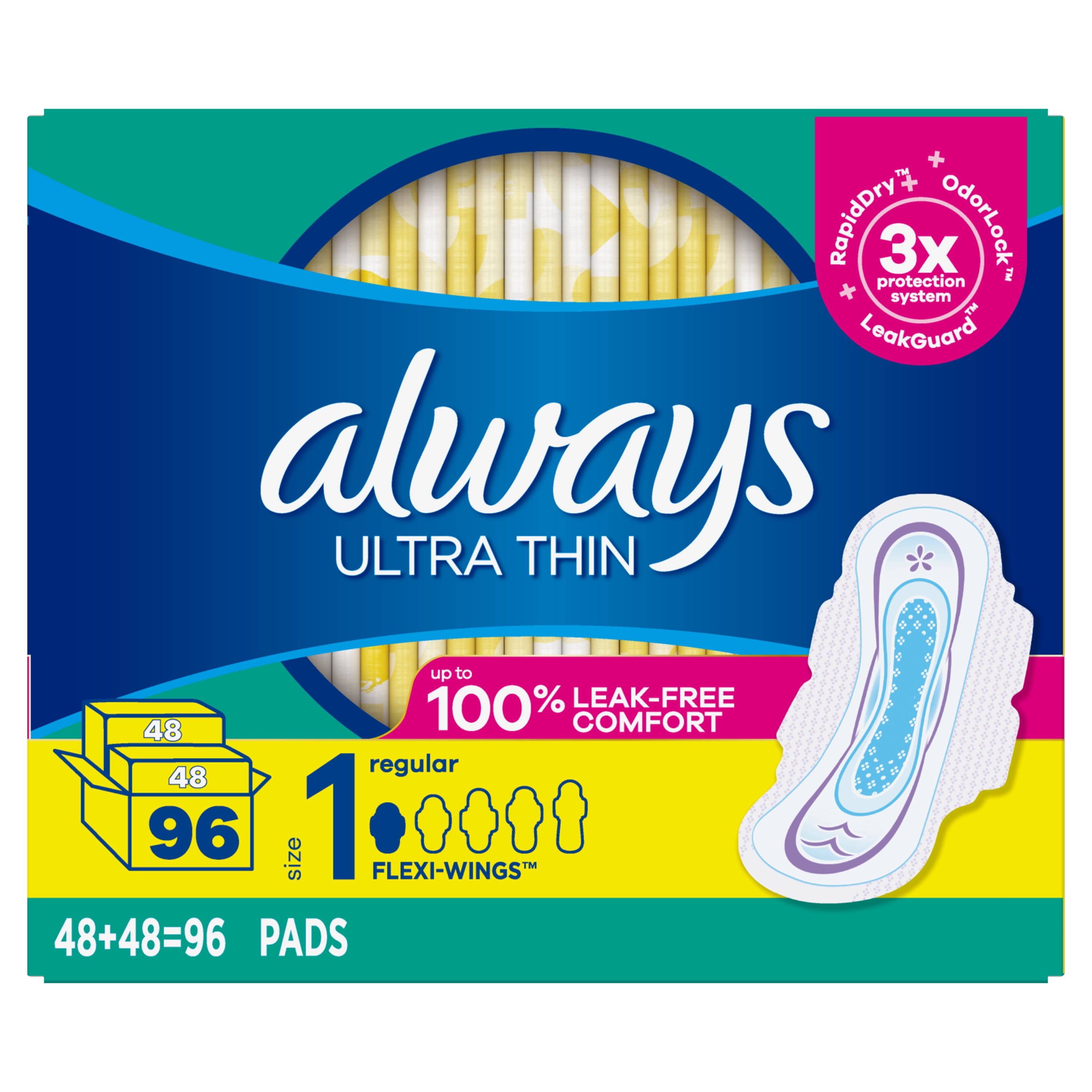 Always Ultra Thin Pads Size 1 Regular Absorbency Unscented with Wings, 96  Count