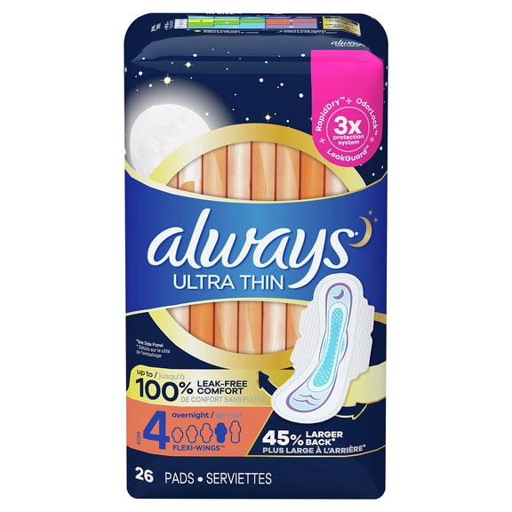 Always Ultra Thin Pads Size 4 Overnight Absorbency Unscented (Pack of 8)