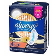 Always Ultra Thin Pads, Size 4 Overnight Absorbency, Unscented with Wings, 36-Count Pack of 14