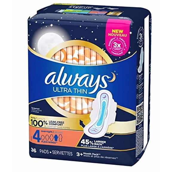 Always Ultra Thin Pads, Size 4 Overnight Absorbency, Unscented with Wings, 36-Count (Pack of 2)