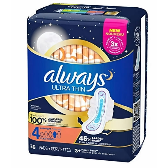 Always Ultra Thin Pads, Size 4 Overnight Absorbency, Unscented with Wings, 36-Count (Pack of 8)